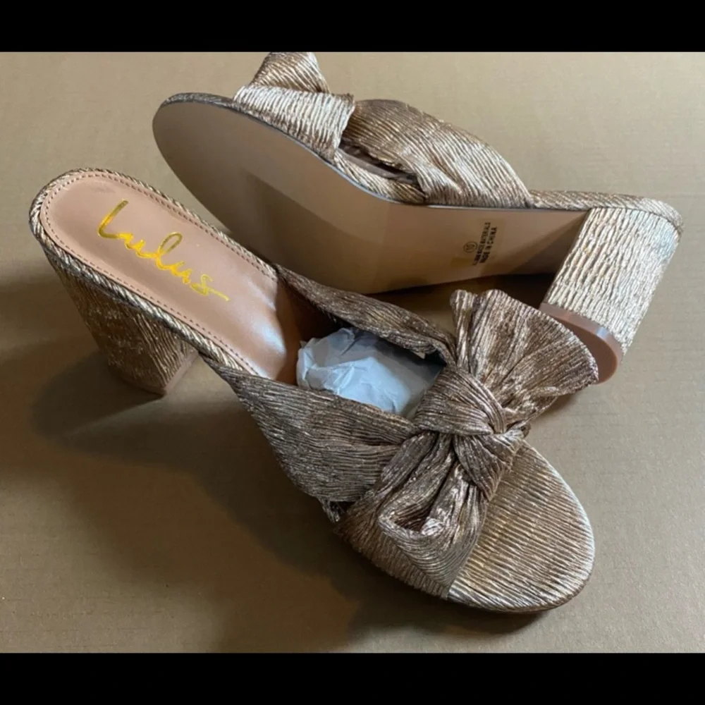 New Lulus Dorothea Metallic Rose Gold Bow Slip On Block Heel Size 10 - Picture 6 of 8